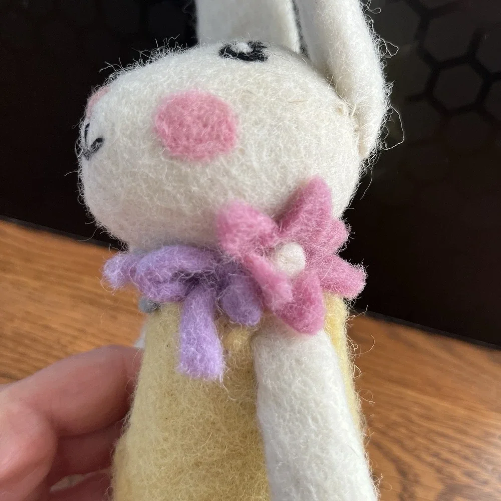 Artist Handmade Needle Felted Bunny Rabbit Girl Yellow Dress Flowers Easter Gift